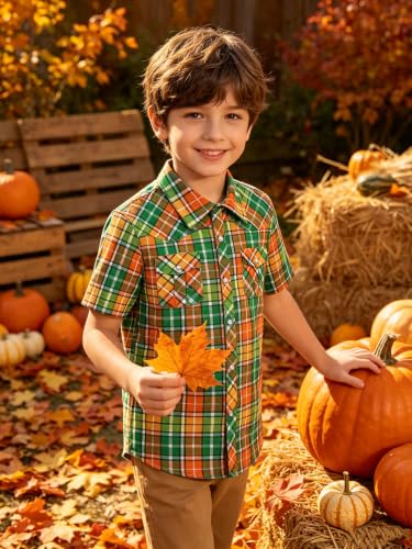 Image of COSLAND Boy's Toddler Cotton Western Short Sleeve Button Down Plaid Shirt, 4-14 Years