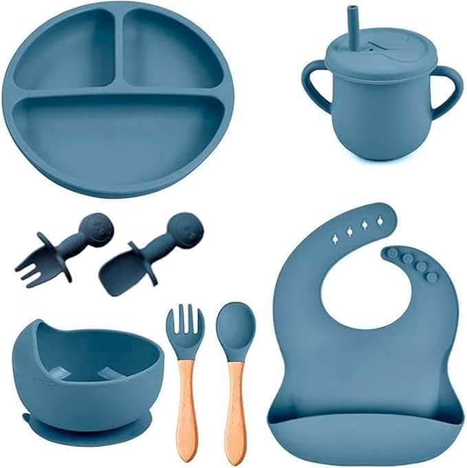 Kit Introdução Alimentar Bebe 8 Peças Silicone Iniciação Para Alimentos Livre de BPA Atóxico Antibacteriano Seguro Sem Pontas Colher, garfo, copinho, pote e pratinho Criança 6 mese...