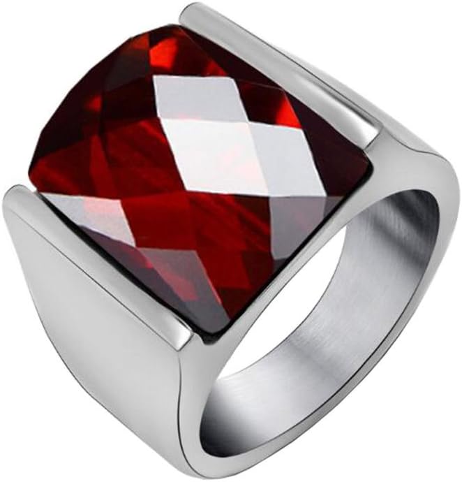 PAMTIER Men's Stainless Steel Gemstone Ring Square Black Red Blue White Agate