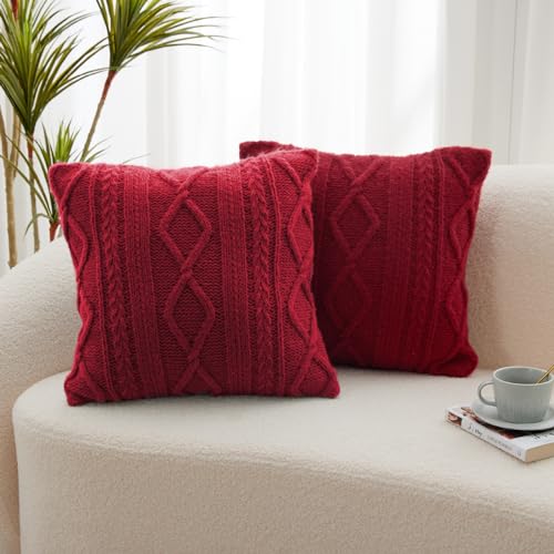 Throw Pillow Covers Set of 2-12x20 Inch Handknit Decorative Throw Pillow Covers,Wool Woven Cushion Covers,Chunky Yarns Couch Pillow Covers for Sofa Living Room Home Decor,Red