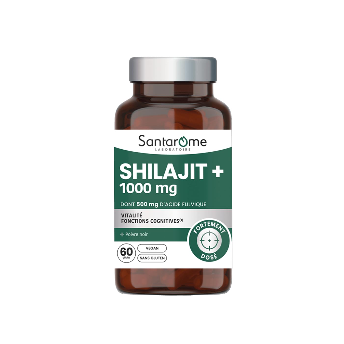 Santarome - Shilajit 1000 mg – Dont 500 mg d’Acide Fulvique – Soutien de la Vitalité & des Fonctions Cognitives – Avec Poivre Noir – 60 Gélules – Végan & Sans Gluten – Fabriqué en France