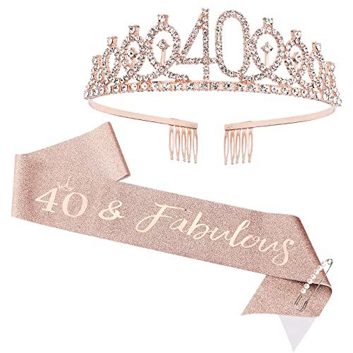 CIEHER 40th Birthday Crown + Sash + Pearl Pin Set for Women, Tiara,...