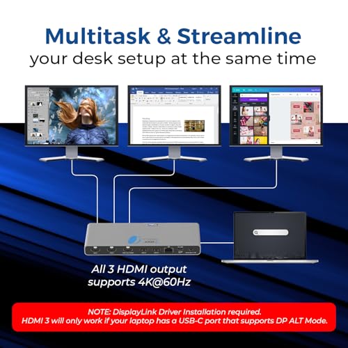 Image of OREI DisplayLink Triple Monitor Docking Station - 4K@60Hz with 100W PD | 3x 4K@60hz Multi Monitor - 6x USB, Ethernet, SD /TF, 100W PD, Audio /Mic - Laptop Docking station with MacOS /Windows support