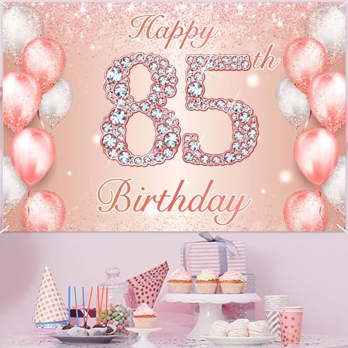 Image of Happy 85th Birthday Rose Gold Banner Cheers to 85 Years Old Backdrop Confetti Balloons Theme Decor for Women 85 Years Old Pink Birthday Party Decorations Bday Supplies Background Favors Gift Glitter