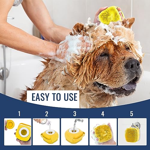Image of Dog Finger Toothbrush, Dog Shampoo Brush, Dog Accessories: 3 in 1 Dog Bath Brush and 2 Finger Tooth Brush Kit, Essential Puppy Products for Teeth Cleaning, Bathing, and Grooming (Yellow).