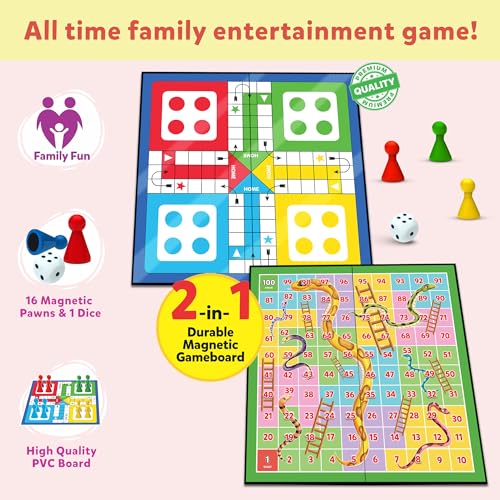 Image of Ludo Game for Kids | 2-in-1 Magentic Snakes & Ladders and Ludo Board | 14 inchx14 inch Foldable Big Family Game for Kids & Adults | Travel-Friendly Dice Board Game