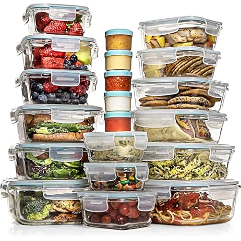 Razab 35 Pc Set Glass Food Storage Containers with Lids - Meal Prep Airtight Bento Boxes BPA-Free 100% Leak Proof (15 lids,15 glass & 5 Plastic Sauce/Dip Containers) Cover