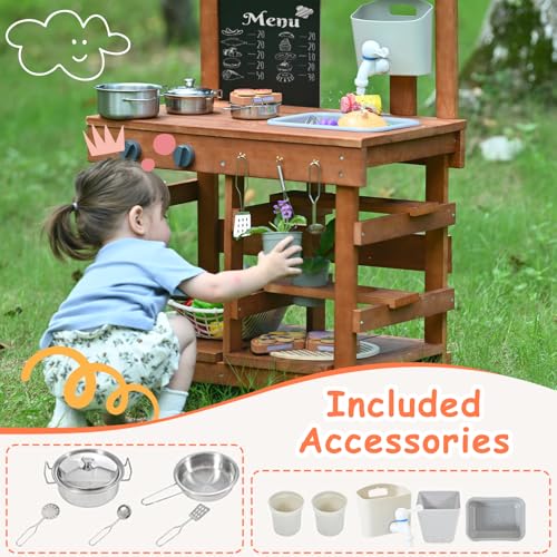 Image of Kids Mud Kitchen Outdoor 23.6in, Wooden Play Kitchen with Sink & Stove, Utensils, Mud Kitchen for Kids Outdoor