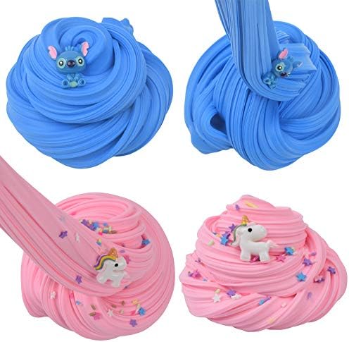 6 Pack Butter Slime Kit with Blue Stitch, Elephant, Unicorn, Candy, Dragon Fruit and Coffee Charms, Scented DIY Slime Supplies for Girls and Boys, Stress Relief Toy for Kids Education, Party and Gift