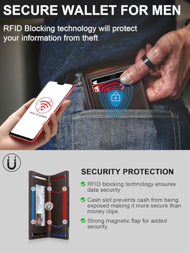Image of Wallet for Men Slim Leather Wallets for 9-13 Cards, RFID Blocking Thin Card Holder Wallet with ID Window & Stretchable Cash Slot, Minimalist Bifold Small Wallet for Front Pocket, Birthday Gift for Men