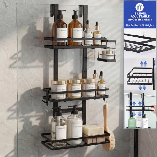 WEYALLE Over the Door Shower Caddy Hanging, Rustproof Shower Shelves with Waterproof Phone Pouch, 3-Tier Adjustable Bathroom Organizers and Storage, No Drilling Shower Shelf, Black Shampoo Soap Holder by WEYALLE - Used condition - Image 8