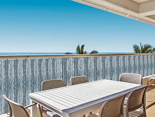 Deco4Me Balkon Sichtschutz ohne Bohren 90 x 500 cm, Holzoptik Grau (1809P), mit Ösen - Balkonbespannung - Balkonverkleidung wetterfest