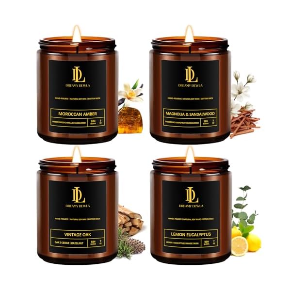 Scented Candles Set, Soy Candles for Home Scented, 4 Pack 28oz Candle Gifts for Men Women, Scents of Magnolia & Sandalwood/Moroccan Amber/Lemon Eucalyptus/Vintage Oak
