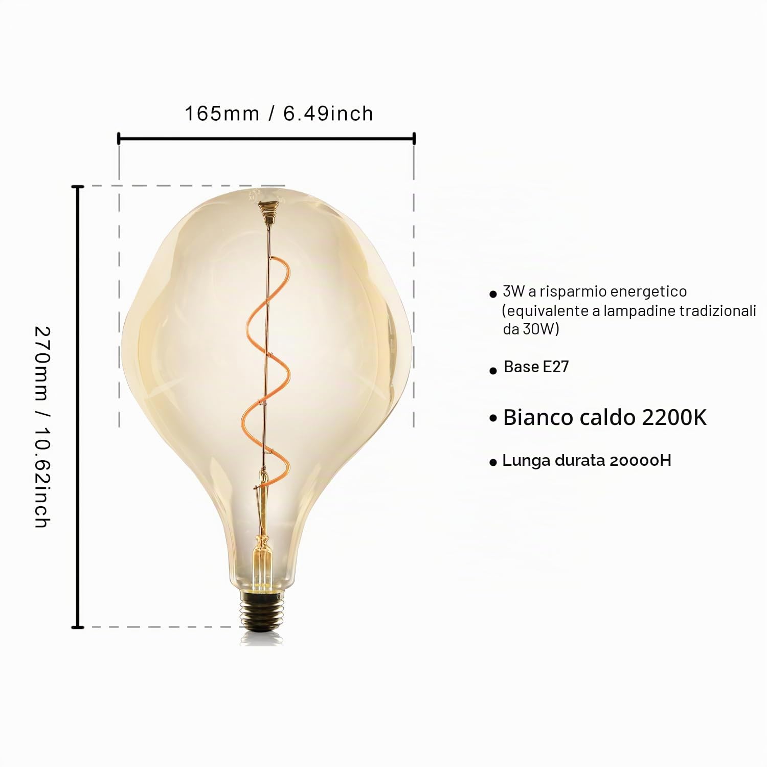 Grande lampadina a LED E27, lampadina irregolare 3W in forma insolita 2200K bianco caldo, illuminazione decorativa in oro dorato 27CM, può essere utilizzata come lampada a sospensione, non dimmerabile