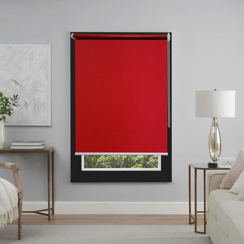 Image of Roller Blinds 300 GSM Polyester Fabric Waterproof & Sun Blockage Corded Roll Up and Down Blinds Curtains for Window, Door, Balcony (Red Color 2.5 X 12 Feet, Pack of 1 Piece)