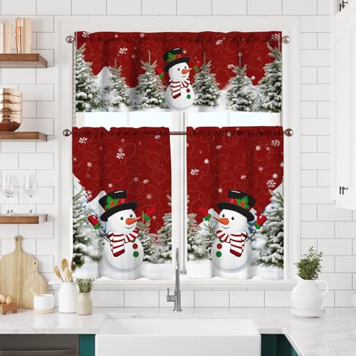 TQFZP Red Christmas Kitchen Curtains Short and Valance Set Snowman Dining Room Fabric Curtain Drapes Winter Holiday Cafe Curtains Valance for Home Decor