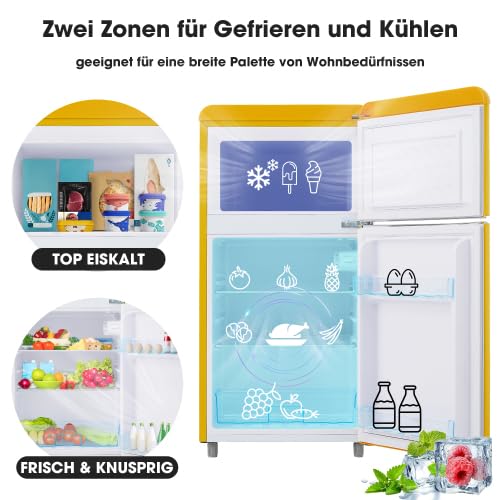 Mini Frigo Rétro 72L avec Congélateur 21L, Frigo Top Double Porte pour Chambre, Bureau et Studio, Petit Frigo Congélateur LED 46 x 45 x 91 cm, Jaune