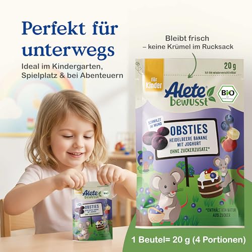 Alete bewusst Obsties Heidelbeere Banane mit Joghurt, ab 3 Jahren, gefriergetrocknete Bio-Fruchtchips, Früchte-Snack für Kinder, verzehrfertig im verschließbaren Beutel, 20 g
