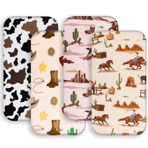 Image of 4 Pack Western Cowboy Crib Sheets Neutral Breathable Fitted Baby Sheets Nursery Sheets for Baby Boys or Girls (Bassinet Sheet)