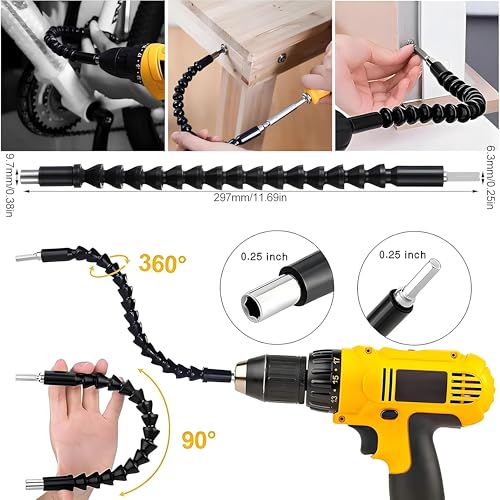 Image of 17Piece Flexible Drill Bit Extension, Include 3Pcs Rotatable Socket Adapter 2Pcs Hex Shank 105 Right Angle Drill Attachment 10 Short Screwdriver bits 90 Angled Bits and Bendable Drill Bit Extension