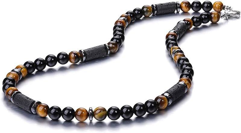 Jovivi Collar para hombre Collar de cristal curativo de hematita y obsidiana con ojo de tigre | Collares con cuentas de piedras preciosas para hombres Joyería de triple protección hecha a mano