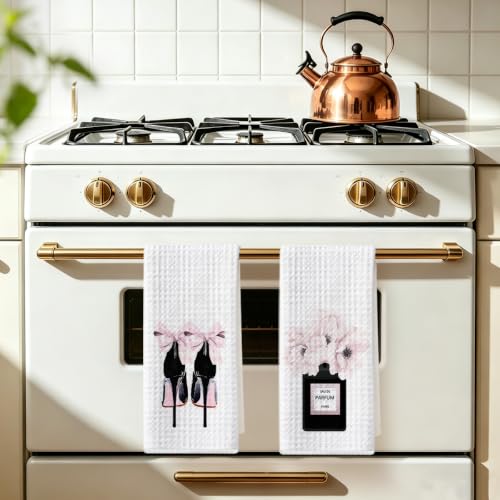 Image of 2 Pcs Pink Hand Towels, Perfume High Heeled Shoes Reusable Dish Towels | Fashion Gifts for Women Mom Girls Friend, Waffle Weave Microfiber Towels for Bathroom Home Decor 24x14 Inch