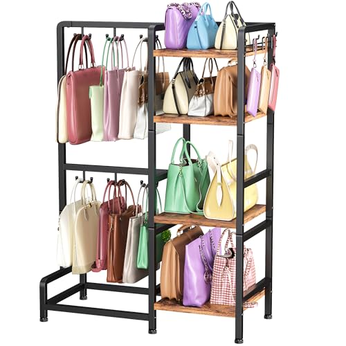 YOHKOH Purse Organizer 4-Tier Purse Rack Stand with 12 Fixed Hooks & 3 Side Hooks Bag Organization Closet for Women Purse Shelf Organizer Floor Standing Storage for Purses Handbags Backpacks