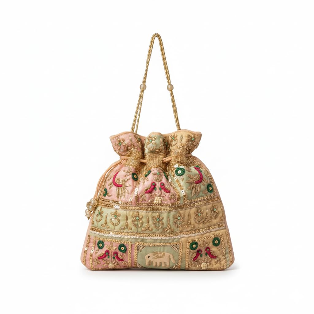 Handcrafted Embroidered Wedding Potli Bag with Elephant & Peacock Motifs – Drawstring Ethnic Purse for Women (Gold & Multicolor)-image-31