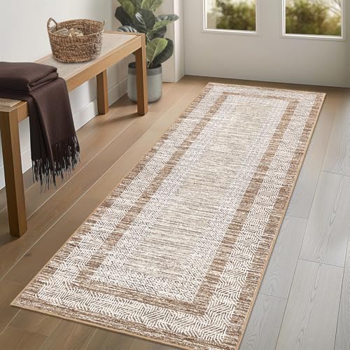 GarveeHome 2x6 Modern Bordered Runner Rug Soft Non Slip Runner Washable Non Shedding Floor Carpet, Distressed Geometric Hallway Runner, Indoor Printed Runner for Kitchen, Entrance, Brown Bro