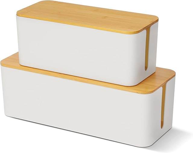 Cable Tidy Box Set of 2 Cable Storage Box Larger Cable Organizer Box with Bamboo Lid for Hiding Messy Cables Wire Management 16"x 6.2"x 5.4" and 12.6"x 5.3"x 5.1"