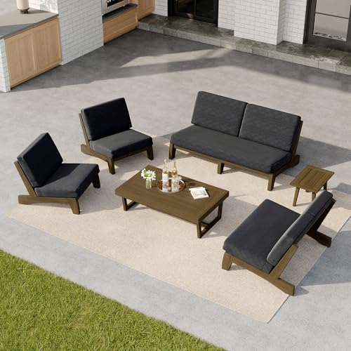 Image of Pia Ricoo 6-Piece Patio Furniture Set, Outdoor Wood Sofa with Loveseat, 2 Chairs, Coffee Table & Side Table, All-Weather Conversation Set for Backyard /Deck /Lawn - Dark Gray