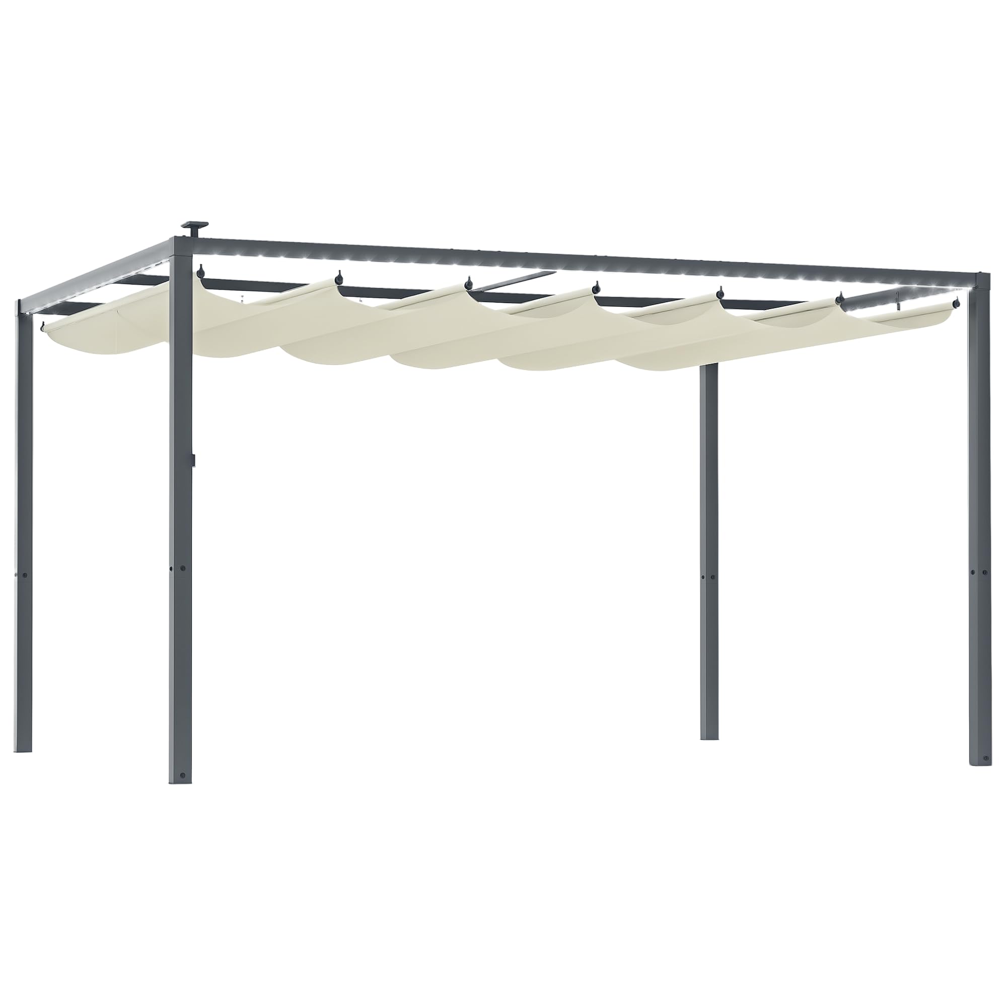 Outsunny Pérgola de Aluminio con Luces LED 4x3 m Cenador de Jardín Gazebo con Solares Techo Retráctil Impermeable Anti-UV Pabellón para Patio Terraza Crema y Gris