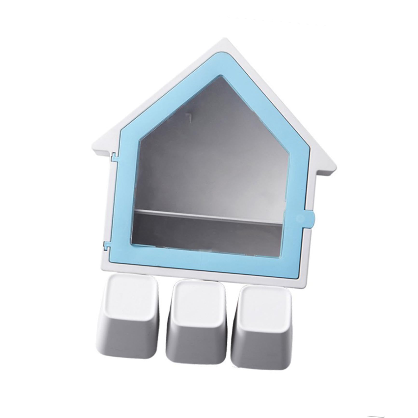 Portaspazzolino a Forma di Casa Blu, Supporto Bagno Abs Pp | 34x27cm, Due Posti per Spazzolini e Tazza, Fissaggio senza Fori, Design Drenante