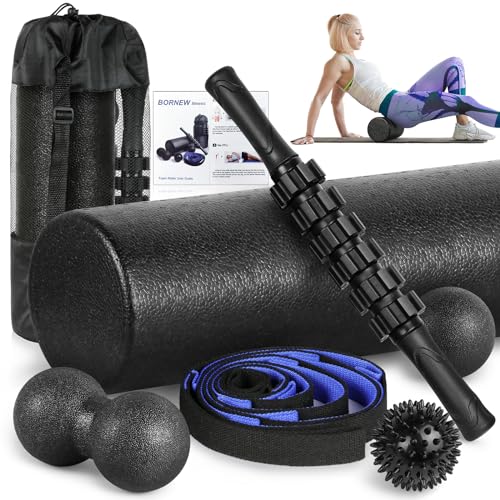 Foam Roller Set - High Density Back Roller, Muscle Roller Stick,2 Foot Fasciitis Ball, Stretching Strap, Peanut Massage Ball for Whole Body Physical Therapy & Exercise, Back Pain, Leg, Deep Tissue