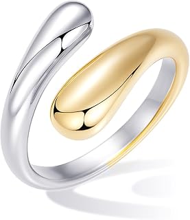 Non-Tarnish 14K Gold Plated Chunky Dome Statement Rings for Women - Adjustable Stacking Gold Silver Mixed Metal, Sizes 3-13