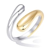 Non Tarnish Gold Chunky Rings for Women, 14K Gold Plated Statement Dome Rings Stacking Silver, Adjustable Mens Eternity Wedding Band Mixed Metal Jewelry Size 3-13