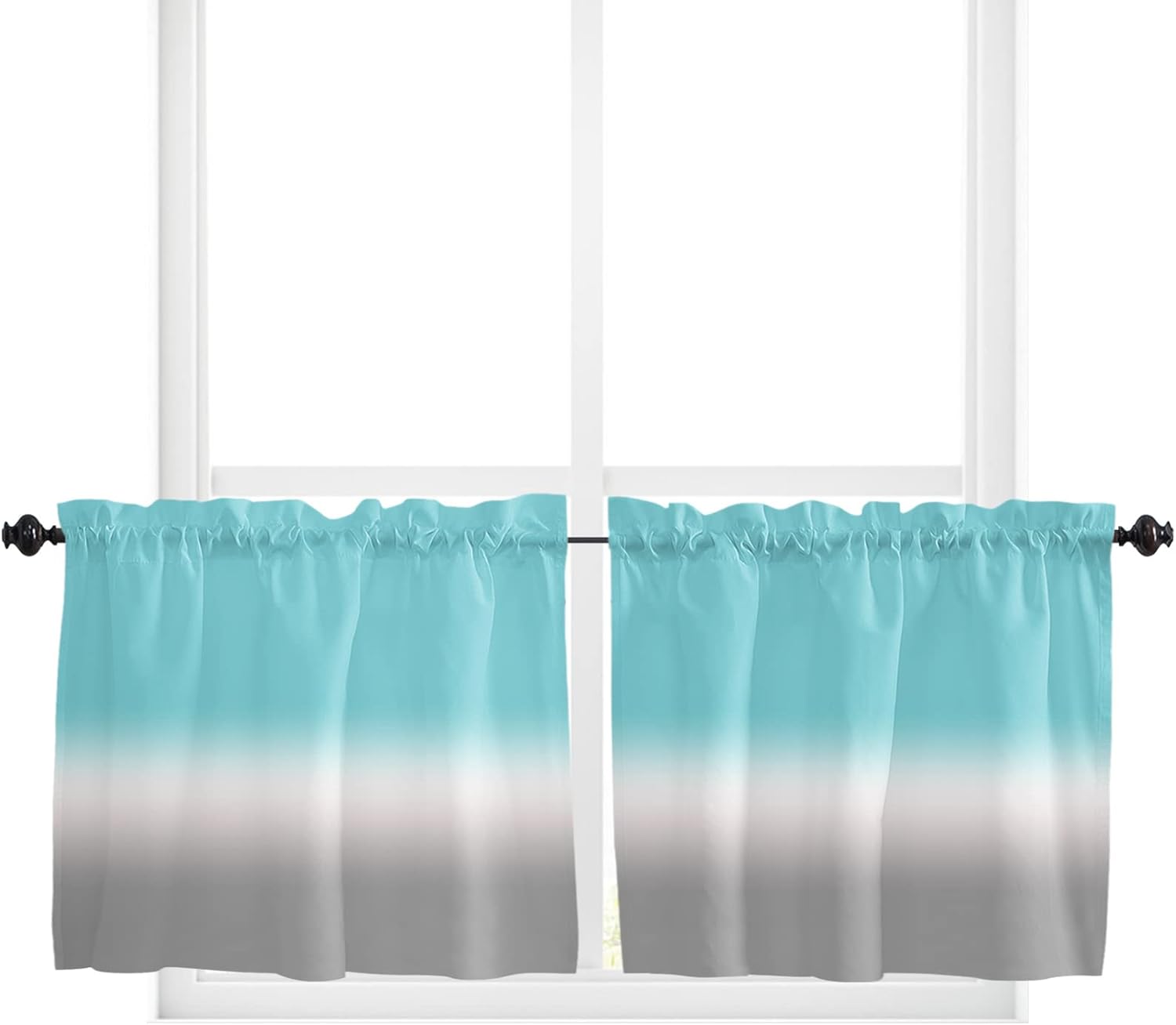 Tier Curtains 36 Inch Length Aqua White and Gray Ombre Curtain Panels Semi Sheer Rod Pocket Curtains Window Treatment for Kitchen Living Room Bathroom, 27.5"x36", 2 Panels