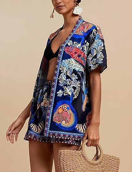 Women Boho Tropical Print Beach Cover Up Shorts Set 2 Piece Summer Lounge Outfit Lightweight Swimwear Matching Outfit - Image 5