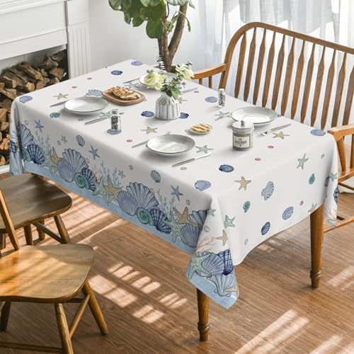 Horaldaily Summer Tablecloth 52×70 Inch Rectangular, Blue Watercolor Sealife Conch Starfish Seaweed Washable Seasonal Table Cover for Party Picnic Dinner Decor