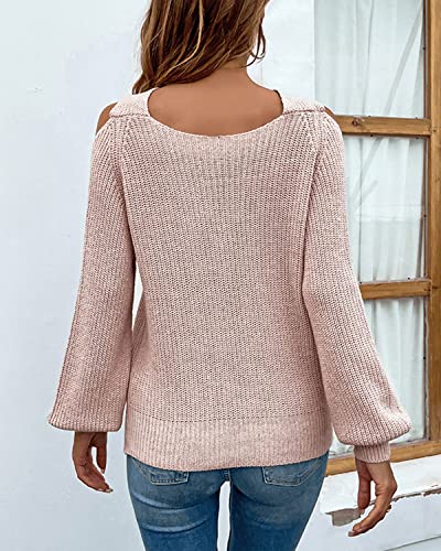 Image of Womens Sexy Criss Cross V Neck Cold Shoulder Pullover Sweater Cutout Lantern Sleeve Halter Sweatshirt Jumper