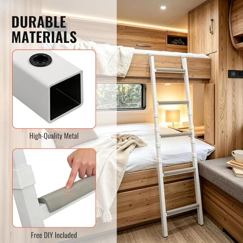 Image of RV Bunk Bed Ladder, Upgraded - Adjustable Height 55 inch-71 inch, Telescoping Heavy Duty Travel Trailer Bed Ladders with 4 Hook and Foot Caps, Anti-Slip Ladder for Home Dorm Appartments, Load 300 LBS -White