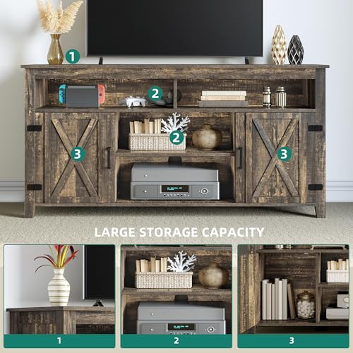 DWVO TV Stands for Living Room, Farmhouse Entertainment Center for 65 Inch TV, Rustic TV Console with Storage and Barn Door, Console Table Media Television Stands, 59 Inches, Light Rustic Oak