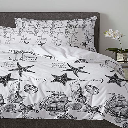 Ocean Duvet Cover 3 Piece Set, Ultra Soft Decorative Comforter Duvet Cover With Zipper Closure Corner Ties And 2 Pillow Shams Queen Size Machine Washable, Black Nautical Vessel Anchor Starfish Shell #TOP3