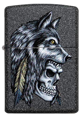 Image of Zippo Wolf Skull Feather Design Iron Stone Pocket Lighter