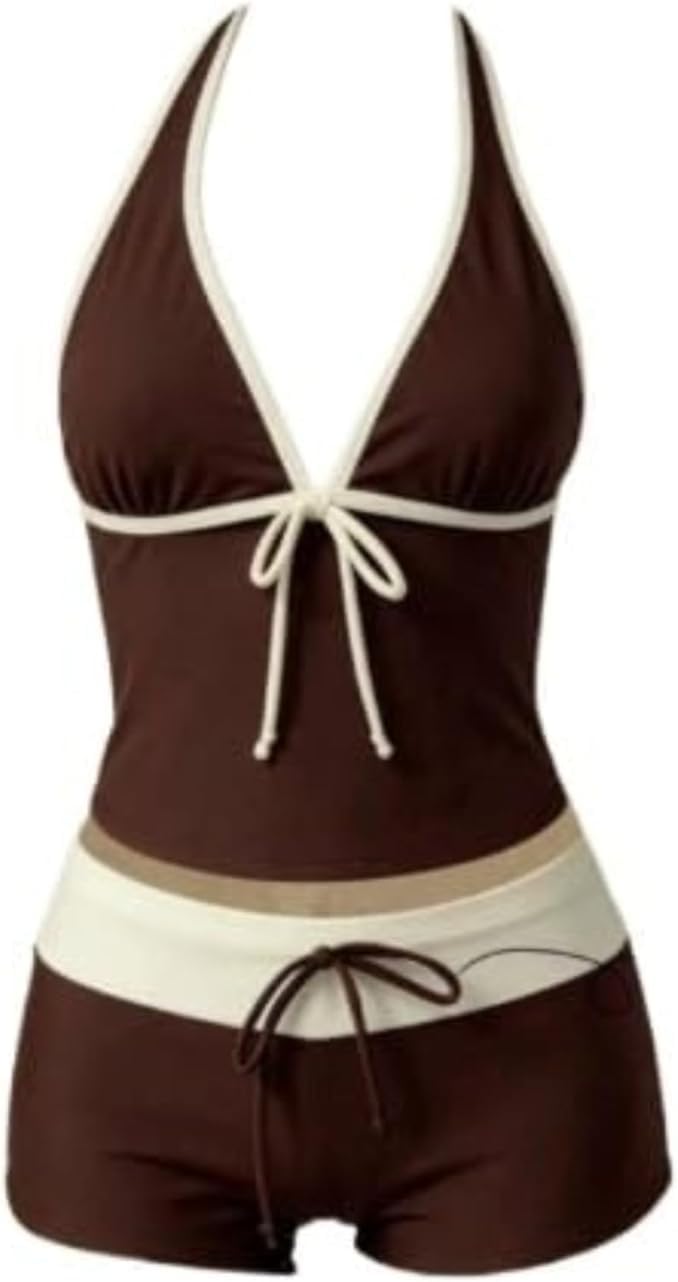 2 Piece Y2k Polka Dot Halter Bikini with Shorts 2000s Bathing Suit Set Summer Vacation Cute Beach Tankini Swimsuit