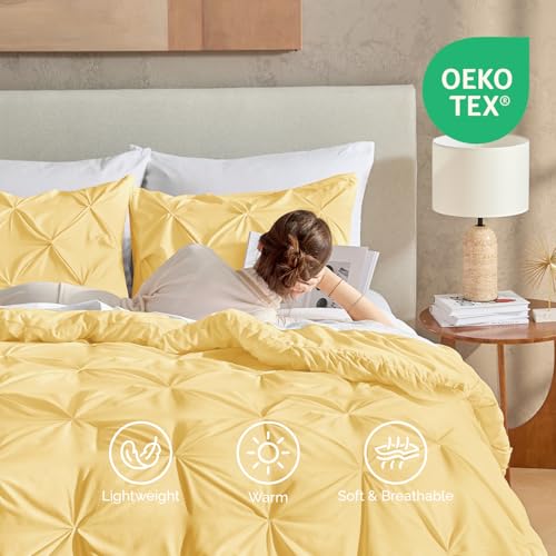 Image of Andency Full Pinch Pleat Comforter Set (79 inchx90 inch),3 Piece Lightweight Pintuck Bedding Comforters & Sets, Fluffy Down Alternative Comforter with 2 Pillow Shams for All Season,Yellow