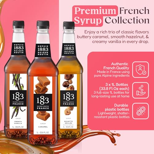 Image of 1883 Vanilla, Caramel, Roasted Hazelnut Syrups with Pumps (Coffeehouse Favorites) for Coffee & Drinks - 1 Liter Plastic Bottles (Pack of 3)