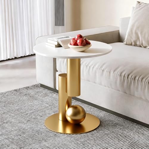 Image of Round End Table, Luxury Circle Modern Side Table, Marble Side Tables for Living Room, Creative Aesthetic Coffee Table Bedside Nightstand for Couch Bedroom Sofa Patio Balcony (White Gold, H 21.7inch)