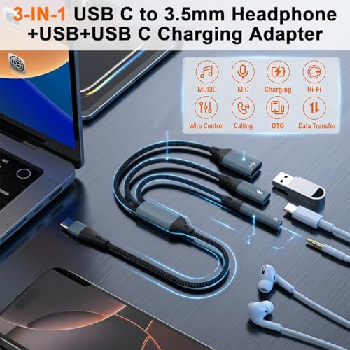 Image of Verilux 3 in 1 Type C to C Splitter for Charging, Type C to USB OTG Adapter with USB A /C /3.5mm Headphone Port for iPhone 17 /16 /15, Galaxy S26 /S25 /S24, Flash Drive, Keyboard, Mouse