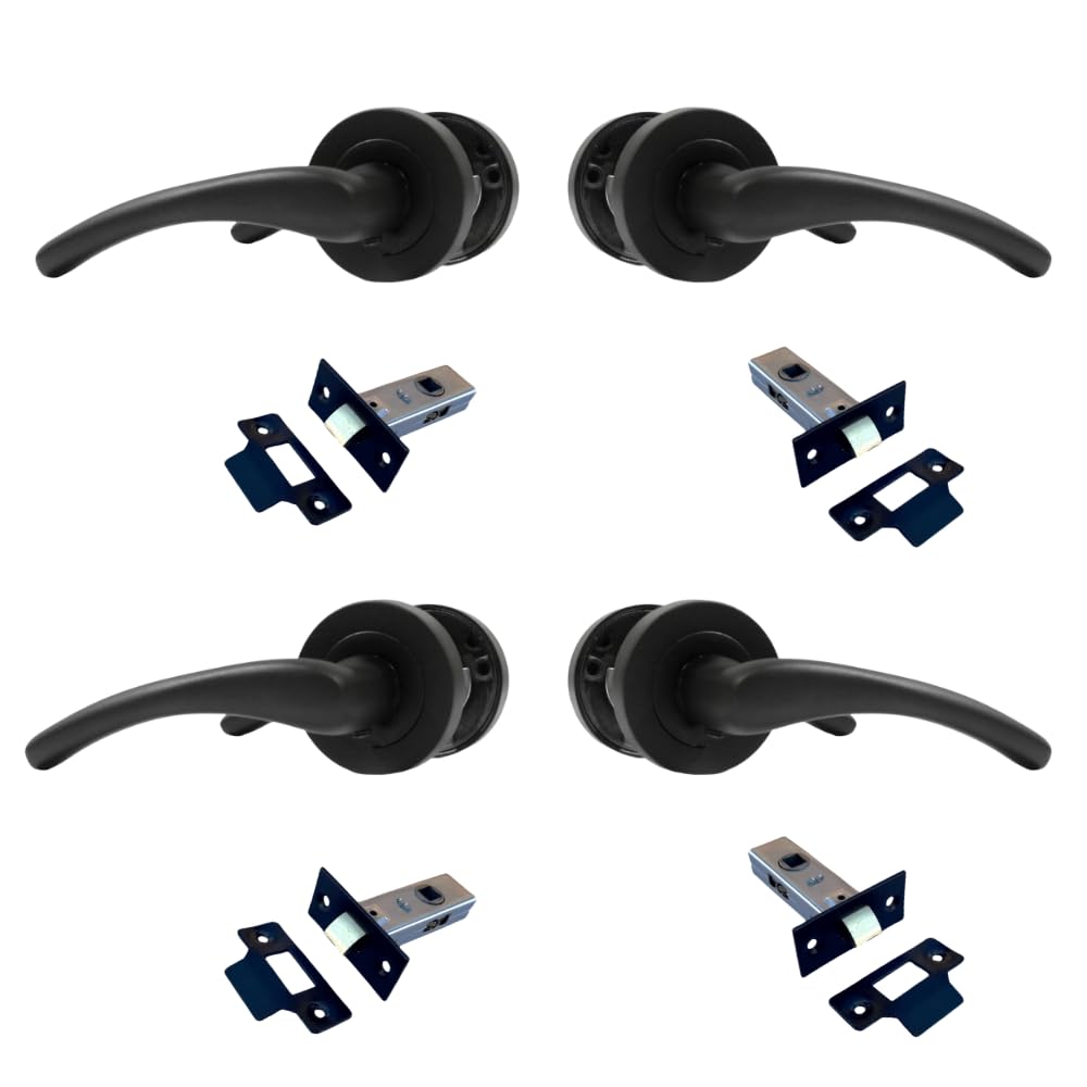 Zena Black Lever on Rose Door Set – 1, 4 or 6 Pairs | Matt Black Internal Door Levers with 52mm Rose & Optional 63mm Latches (4 Pair of Handles + Tubular LATCHES)